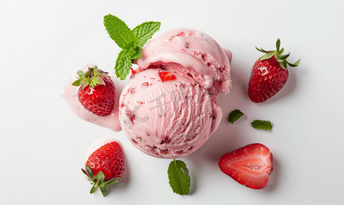 奶油的摄影照片_白色背景上的一勺草莓冰淇淋上面有薄荷