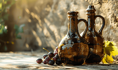 红酒……摄影照片_乡村陶瓷壶与当地红酒