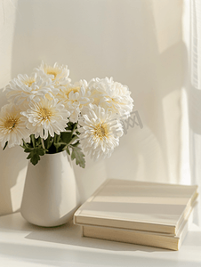 广告页摄影照片_白桌上花瓶中插着菊花的白皮书模型