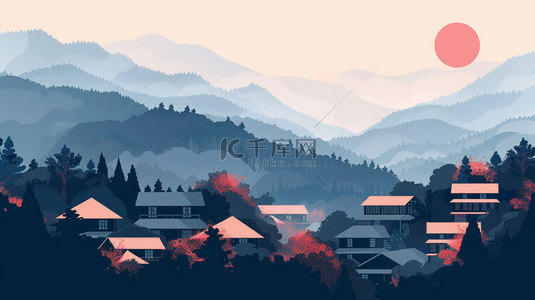 红日gif背景图片_红日远山村落合成创意素材背景