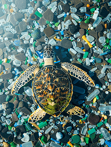 垃圾污染摄影照片_微塑料海里的海龟