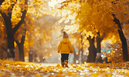 亲热摄影照片_男孩在新鲜空气中走来去他正在玩黄色叶子