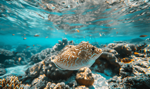 蓝色扁平摄影照片_马尔代夫水下的比目鱼