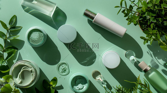 药妆化妆品背景图片_展台化妆品绿植合成创意素材背景