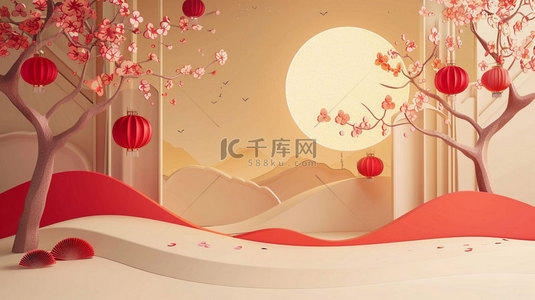 红色扇背景图片_红色纸扇鲜花合成创意素材背景