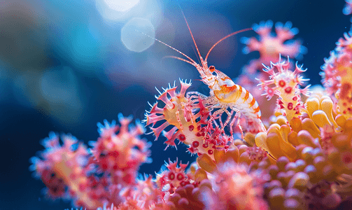 红色商务年会摄影照片_红色软珊瑚宏上的彩色玉米花虾
