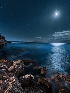 午夜的月亮摄影照片_海上的夜空满月和星星