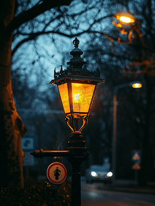夜间有交通标志的旧灯