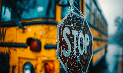 校车学校摄影照片_有用蜘蛛网装饰的停车标志的校车