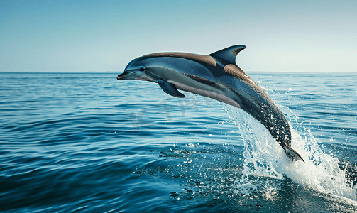 游泳培训班摄影照片_普通海豚在海洋外跳跃