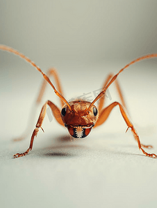 中性摄影照片_中性背景上的宏观红蚂蚁
