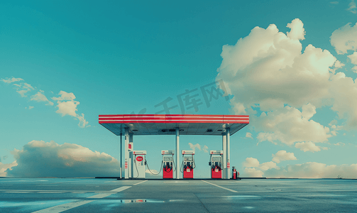 有云彩和蓝天的汽油加油站