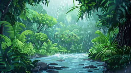 森林洪水背景图片_森林树木下雨合成创意素材背景