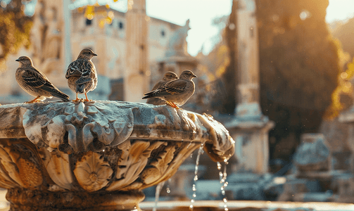 欧洲雕塑摄影照片_鸟儿栖息在海王星雕像喷泉上背景为古建筑