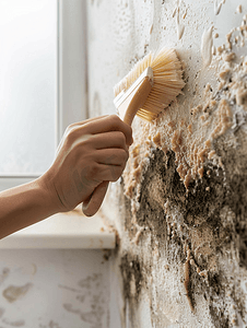 用刷子清除房间墙壁上的霉菌