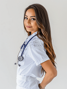 医生护士摄影照片_女西班牙裔医生或护士因白种背