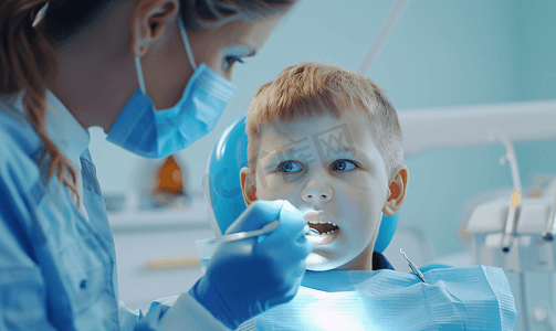 戴尔套的小孩摄影照片_女牙医注射麻醉剂男孩戴牙椅