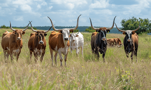 一群长角公牛在草地上吃草