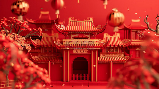 红色宫殿松柏合成创意素材背景