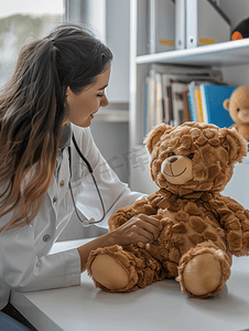 儿科医生女孩美丽的女儿科医生检查孩子与泰迪熊办公室