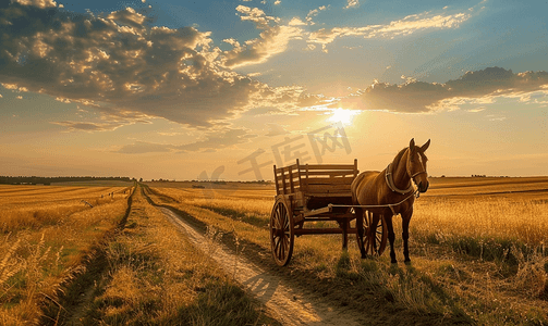 苏普摄影照片_乡村景观与马和木车