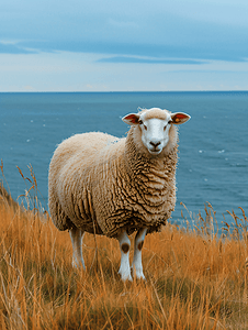 蓝色大海和草地背景中的一只白色和棕色的绵羊