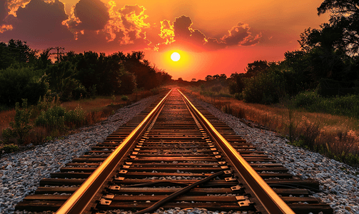 火车人流量摄影照片_夕阳下的铁轨日落时的火车轨道