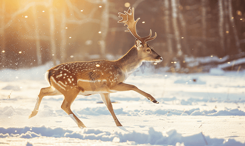 白色效果摄影照片_在雪地背景上奔跑的鹿肖像上的移动效果如岩画