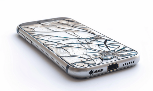 白色背景下玻璃屏幕破碎的手机
