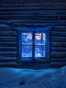 夜晚木屋窗户里的蓝光