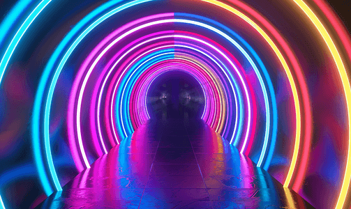 发光讲台摄影照片_霓虹灯圈和线条摘要背景光谱鲜艳的颜色隧道霓虹灯
