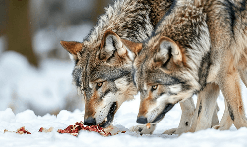 两只灰狼在雪地里吃饭时被孤立