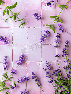 创意紫色摄影照片_粉红色瓷砖背景上的薰衣草花叶创意框架
