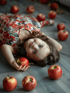 小女孩躺在地板上吃苹果