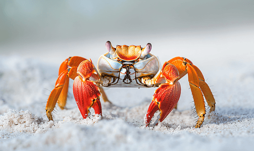 海洋卡通贝壳摄影照片_一只红色小螃蟹其壳在白沙上行走特写