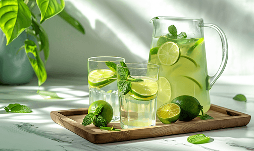 自制的柠檬水由石灰制成放在玻璃杯和水壶中放在木托盘上