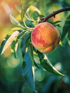 红色喜庆喜庆青叶摄影照片_树枝上一颗成熟桃子的图像