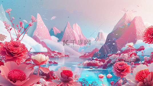 背景流水背景图片_桃花高山流水合成创意素材背景