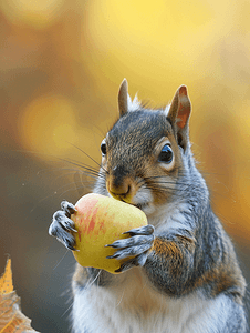 一只灰松鼠正在吃苹果