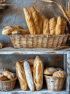 卷的摄影照片_篮子里和面包店出售的架子上的法式面包