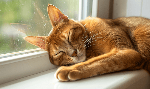 可爱卡通宠物小猫摄影照片_一只姜黄色的懒惰的阿比西尼亚猫睡在窗台上