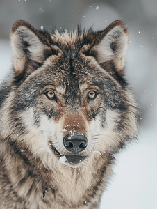 一只灰太狼在雪中被孤立一边吃一边看着你