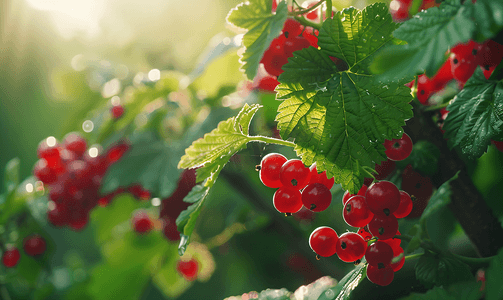 红色丝绸转场摄影照片_红醋栗浆果紧贴在绿色灌木上