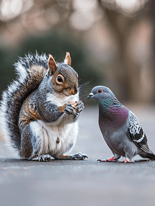一只灰松鼠拿着坚果看着鸽子