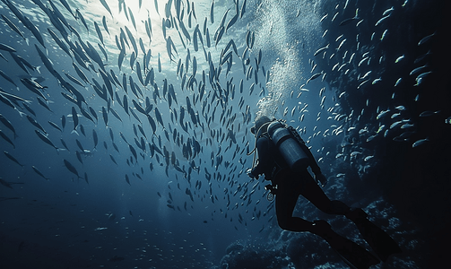 海鱼群摄影照片_潜水员在水下鱼群中潜水时的肖像
