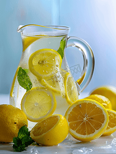 投手摄影照片_天然柠檬水玻璃罐的侧视图