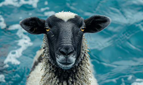 蓝色喇叭背景摄影照片_一只黑白相间的羊看着你在蓝色的大海背景中特写肖像