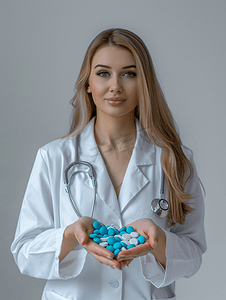 药物和制药概念年轻的女医生或药剂师持有蓝色背