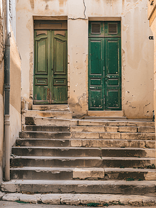 我字马赛克摄影照片_通往马赛一栋老建筑两扇门的台阶