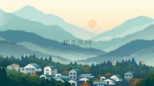 红日远山村落合成创意素材背景